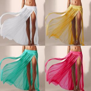 Kjolar Summer Beach Bikini Cover -Ups Wrap Mesh kjol för kvinnor solida färger Elastiska sidodelad maxi baddräkt sexig klänning