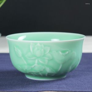 Bowls 5inch Ceramic Rice Bowl Longquan Celadon Relief Peony Lotus Soup Noodle Fruit Salad Container Vintage Dinnerware Art