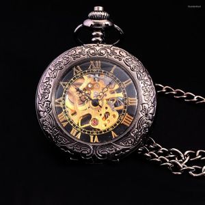 Relógios de bolso relógios vintage steampunk esqueleto mecânica homens antigos colar de vento de mão fã de relógio de relógio em ouro