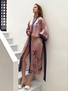Women's Sleepwear Pink Satin Nightgown Women Robe Print Flower Kimono Bath Gown Bathrobe Sexy Intimate Lingerie Oversized Lounge
