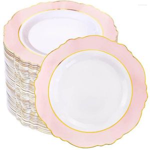 Disposable Flatware 60 Rose Gold Edge Plastic Plate Dinner Suitable For High-end Party And Wedding Mother's Day Supplies