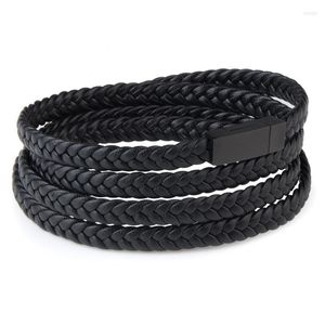 Braccialetti con ciondoli Bracciali in pelle Premiun nera Fibbia per carte in acciaio inossidabile Braccialetti per il tempo libero di moda multistrato intrecciati a mano per uomo