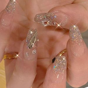 Unghie finte 24 pezzi punte per unghie fai da te ghiaccio trasparente copertura completa glitter strass ballerina lunga finta francese