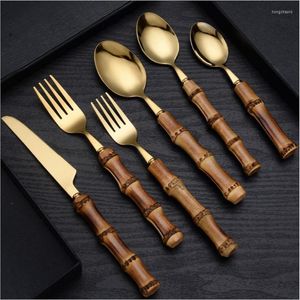 Dinnerware Sets Gold Knife Fork Spoon Sutlery Set Natural Bamboo Handle Dinner 304 Stainless Steel Tableware