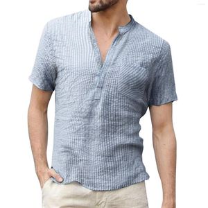 Mäns casual skjortor män mode topp linne randig krage ficka kort ärm skjorta lös blus