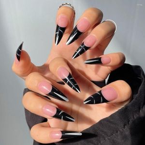 False Nails 24st Long Stiletto Fake French Press On Black Silver Full Cover Nail Tips