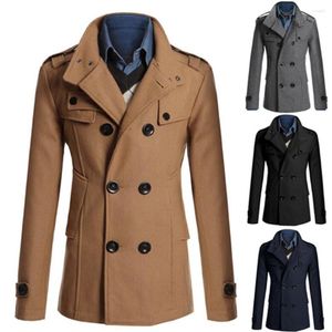 Men's Trench Coats Men Long Sleeve Lapel Collar Double-breasted Pockets Woolen Slim Coat Cotton Streetwear