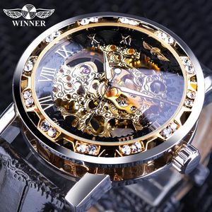 Vinnare Black Golden Retro Luminous Hands Fashion Diamond Display Mens Mechanical Skeleton Wrist Watches Luxury Clock268b