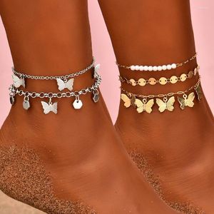 Anklets Vintage Boho Silver Color Farterfly Chain For Women Summer Beach Armband On Leg Multilayer Pearl Barefoot Jewelry