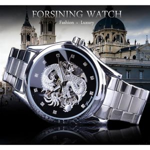 Forsining Diamond Montre Design Silver Stainless Automatic Dragon Display Uomo Homme Orologi di lusso da polso Brand Classic Top Steel H338q