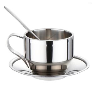 Cups Saucers 3 Pieces Stainless Steel Mini Coffee Milk Cup With Saucer Heat Insulated Set Kitchen Breakfast Beverages Drinking