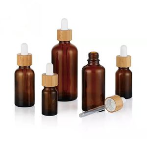 Wholesale Frosted Glass Dropper Bottle Essential Oil Bottles With Eye Dropper And Bamboo Lids Perfume Sample Vials Essence Liquid Cosmetic Containers