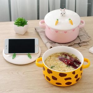 Ciotole Ciotola di tagliatella del fumetto di stile giapponese adorabile con il supporto del telefono mobile animale della tazza del coperchio Zuppa di due orecchie in ceramica