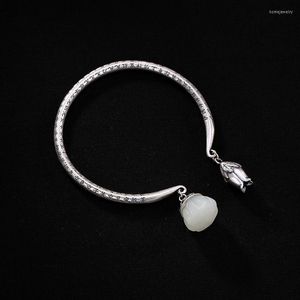 Link Bracelets White-Plated Gold Imitation Hetian Jade Lotus Pendant Heart Sutra Bracelet Retro With Opening High-End Ladies Gift