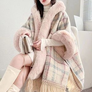 Women's faux fur hooded loose palazzo plaid pattern woolen plus velvet liner thickening warm tassel cape coat