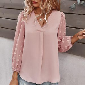 Camisetas masculinas Mangas de bolha femininas Blouses Bloups Solid Color Slim V-Collar Sleeved Blusa Spring Spring Elegante Chiffon de decote em V