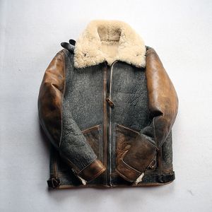 Amerikanischer D3-Bomberjacke aus echtem Schaffellleder, RRL-Fliegeranzug, Retro-Double-Face-Pelzanzüge, Taschen, Vintage, Reverskragen, dicker YKK-Reißverschluss