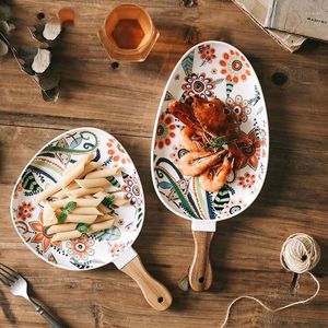 Plates Nordic Ceramic Dinner Dish Steak Salad Tray With Wooden Handle Christmas Home Decor Oval Dishes Tableware