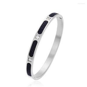 Bangle Black Leather Titanium Steel Open Bracelet Fashion Simple Elegant Wish