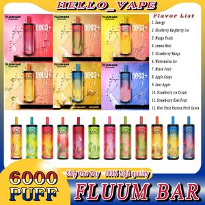Original Fluum Bar 6000 Puffs Einweg E Cigarette Starter Kit Stärke 2% 3% 5% Vape 15ml 600mAh Batterie wiederaufladbarer Koksmodell Vape Pen