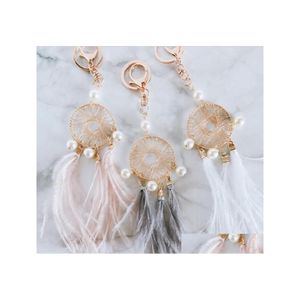 Key Rings Pearl Feather Chains Holder Dreamcatcher Pendants Car Keychain Keyrings For Girls Women Bag Hanging Fashion Charm Drop Del Dhqbs