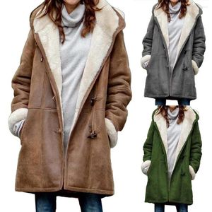 Women's Trench Coats Women Winter Casual Solid Color Horn Buckles Fleece Lining Long Warm Hooded Coat Cotton Made Plushy Acket Jacket