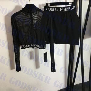 Zwart gaas tops heup wrap korte jurk mode zie door shirt dames sexy rok tweedelige rok
