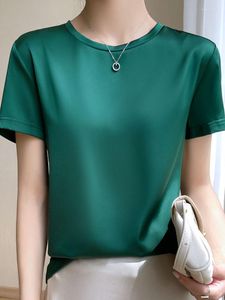 レディースTシャツ女性用Tシャツ半袖OサテンTシャツトップメスルーズソリッドカラーグリーンシャンパンエレガントTシャツ