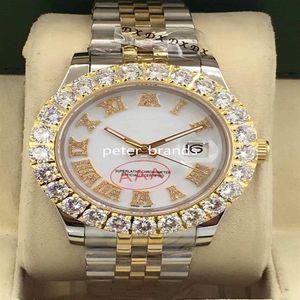 Prong Set Diamond Watches Two Tone Silver Gold 43mm White Face Bigger Diamond Bezel Automatic Fashion Men's Watch261s