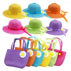 Cappelli Cute Summer Girls Tea Party Cappello da sole e borsa Set Regalo di compleanno per bambini Borsa da viaggio per bambini Cappello largo di paglia