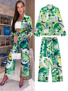 Druk sany dla kobiet w piżamie damskie Zestaw Ożyw Green Ladies Summer Sleep Wave Firt Długie rękaw Vintage Pijama Suit for Female 2022 T221217