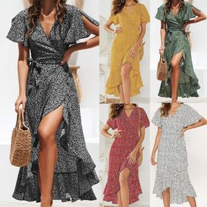 Casual Dresses Summer Bohemian Beach Maxi Dress Women Ruffles V-Neck Comfy Ankle-Length Wrap Elegant Sexy Party Long Robe