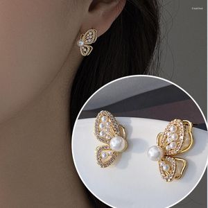 Studörhängen lyxig utsökt fjäril Kvinnor Zircon Pearl Elegant 14K Gold Vintage Earring Trend Women Jewelry