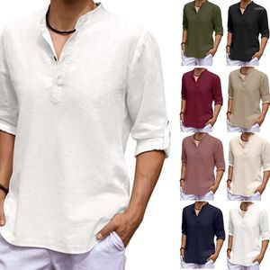 M￤ns casual skjortor m￤n bomullslinne blus toppar sommaren v￤nd ner krage halva ￤rmknappen pullover l￶s