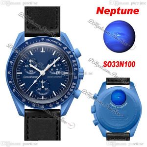 Bioceramic Moonswatch Swiss Quqrtz Chronograph Mens Watch SO33N100 Mission ￠ Neptune 42mm Nylon noir en c￩ramique bleu marine avec 249K