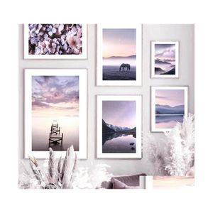 Dipinti Paesaggio Viola Cavallo Lago Calmo Fiore Nebbia Nordic Poster Wall Art Stampa Tela Pittura Decor Immagine Soggiorno Drop De Dhbep