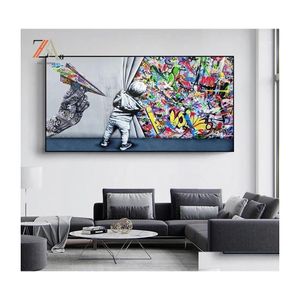 Paintings Street Graffiti On The Abstract Art Curtain Banksy Canvas Painting Poster Print Wall Picture Living Room Drop Delivery Hom Dhssw