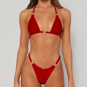 Kvinnor Två bit sexig bikini badkläder QJ1425 Fashion Solid Color Hardware Lace-Up Hollow Out Beach Sports Bathing Summer Swimsuit