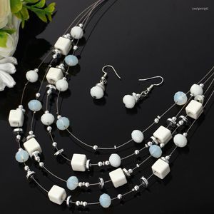 Halsband örhängen set vintage färger afrikanska pärlor smycken för kvinnor keramiska fyrkantiga kristallståltråd choker droppörar set