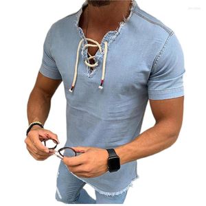 Herr t shirts denim sn￶rning skjorta v hals korta ￤rmar fast f￤rg fransad stretch sommar mode bantning casual 807