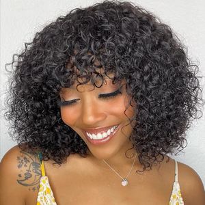 16 -calowa krótka kręcona peruka z grzywką ludzkie włosy naturalne czarne sprężyste kudłaty peruki dla kobiet prawdziwe brazylijskie włosy