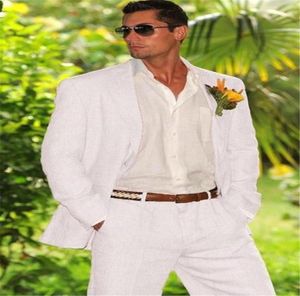 Summer Beach Beyaz Keten Erkek Su Takım Damat Smokin Groomsmen Düğün Blazer Takımlar Erkekler Şık 2pieces Jacketpants8302125