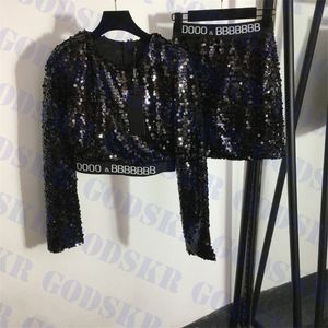 Top con paillettes argento Top da donna sexy con scollo rotondo, maglietta a vita alta, gonna a maniche lunghe, tre colori