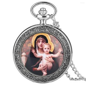 Taschenuhren Vintage Silber/Bronze-Gehäuse Quarzuhr für Frauen Kreative große Männer Jungfrau Maria und Jesus Muster Halskette