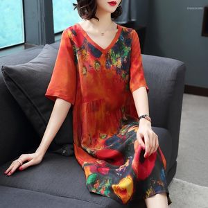 Casual Dresses Women Summer Silk Dress Elegant Print Plus Size V Neck Floral Women's Vintage for Red