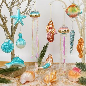 Decoração de festa ornamentos de vidro azul decorações de árvores de natal para a série de animais oceânicos internos em casa decoração de férias de natal 2023 novidades