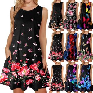 Sıradan elbiseler kadın baskılı yaz plaj sundress kolsuz cepler moda artı boyutu yumuşak mercan