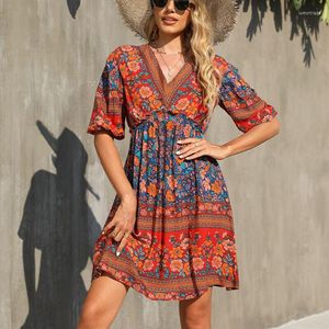 Casual Dresses Retro V-ringning Halva ärm Tryckt Miniklänning Kvinnor Summer Löst A-Line Causal Floral Flower Clothes