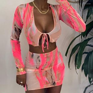 Casual Dresses 2022 Summer Women Sexy Net Yarn T-Shirt Drawstring Lace Up Low Cut Tops Street Party Clubwear Outfits High midje Hoft kjol