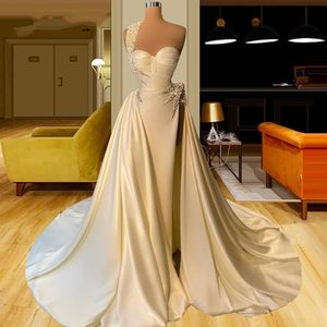 Luxury White Beadings Pearls Prom Dresses Sexy Mermaid Sweetheart Ruffles Pleats Long Evening Gowns With Slit Formal Women robes de soire